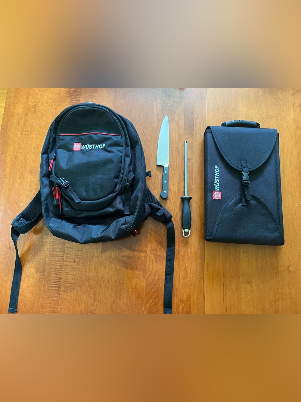 Wusthof Chef Backpack w/ 16 slot Knife Insert, 9” Honing Steel & 8” Chef Knife